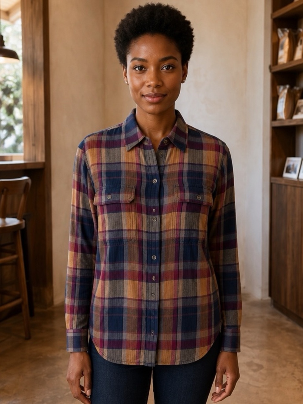 Chaps Plaid Button-Front Blouse in Navy, Burgundy, Tan Size LG Fall Fashion